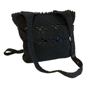 Black Crochet Macrame Floral Shoulder Bag Woven Flowers Double Handle Lined Boho